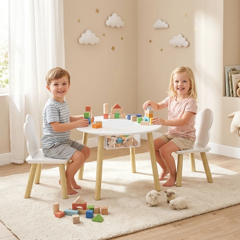 Qaba 3 Pieces Kids Table and Chair Set, Activity Table and Chair Set with Cloud-Shaped Chairs, Mesh Bag