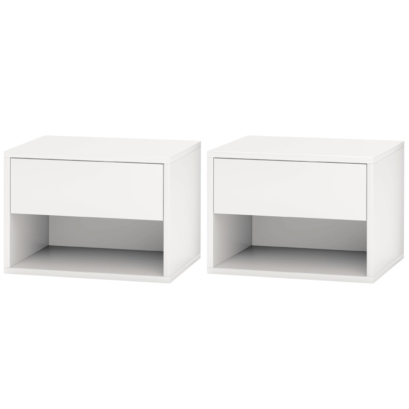 HOMCOM Floating Nightstand Set of 2, Wall Mounted Bedside Table with Drawer for Bedroom, White