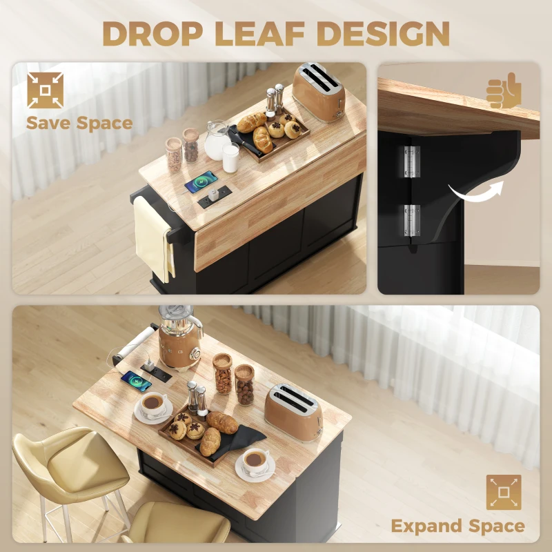 HOMCOM Kitchen Island on Wheels with Wood Drop Leaf, Charging Station, Rolling Kitchen Cart with Adjustable Shelf, Black