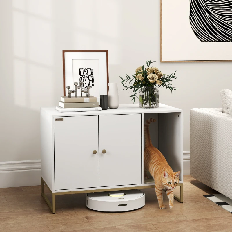 PawHut Cat Litter Box Enclosure with Tall Legs, Litter Mat, Fits Mots of Litter Box, 31.5" x 20" x 22", White