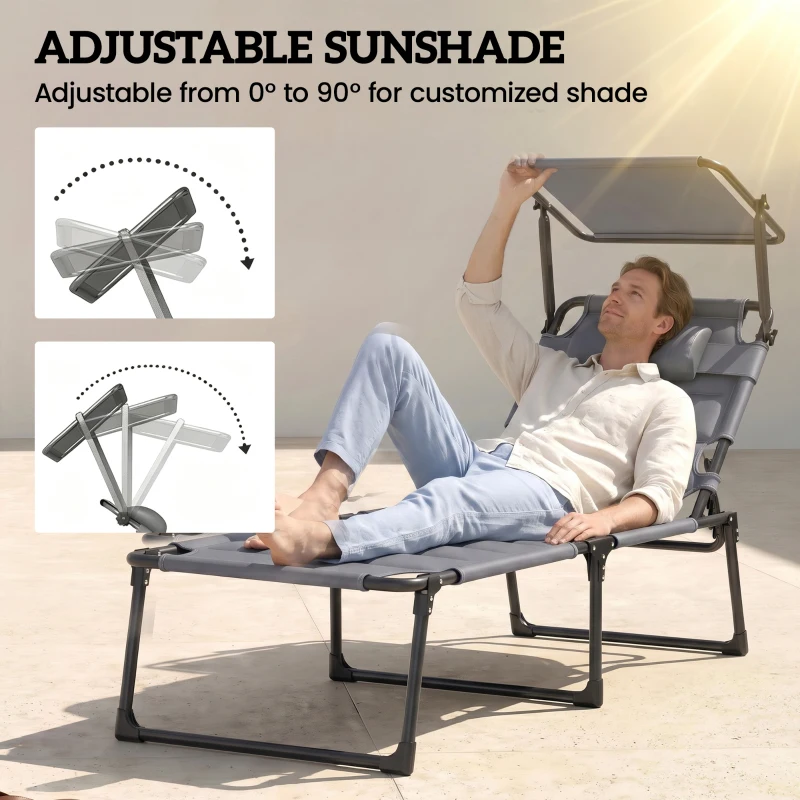 Outsunny 2 Pcs Outdoor Lounge Chair, 4 Position Adjustable Backrest, Folding, Cushioned w/ Sun Shade Roof & Pillow, Gray