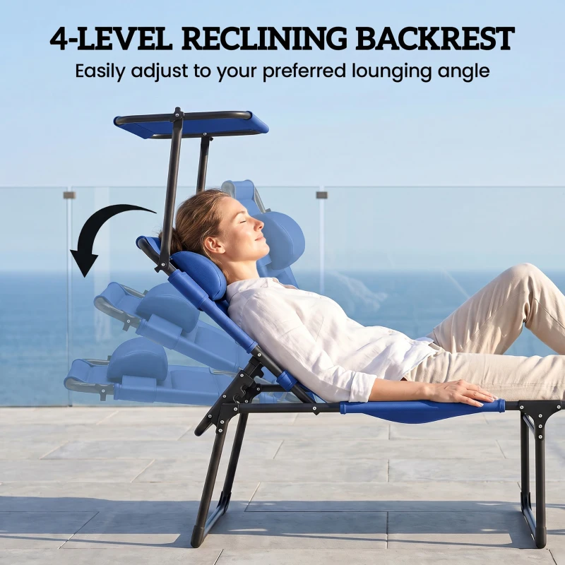 Outsunny Folding Chaise Lounge with Adjustable Sunroof, Outdoor Quick Dry Padded Tanning Chairs with Headrest, Reclining Back Outdoor Lounge Chair, for Beach, Yard, Patio, Blue