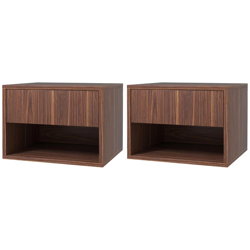HOMCOM Floating Nightstand Set of 2, Wall Mounted Bedside Table with Drawer for Bedroom, Brown