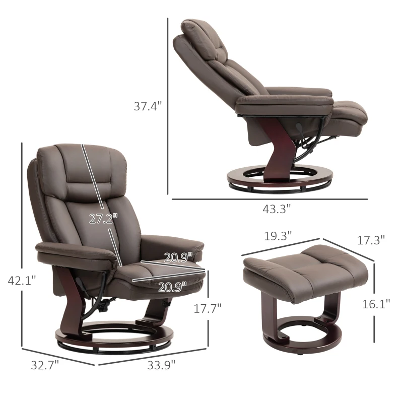 HOMCOM Swivel Recliner with Ottoman, PU Leather Reclining Chair with Footrest, for Living Room, Bedroom, Dark Brown