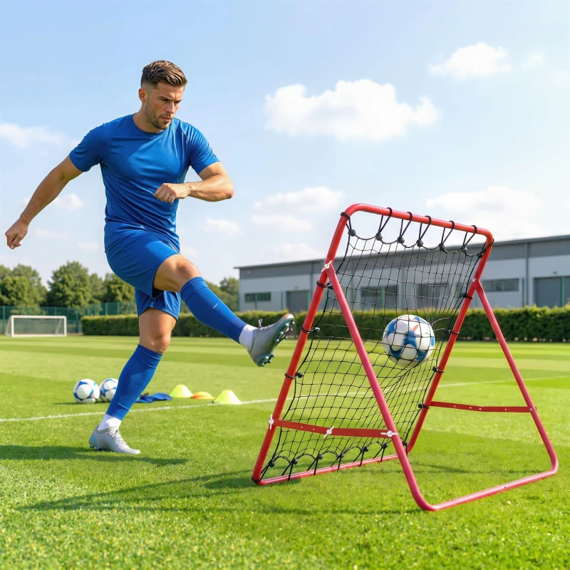 HOMCOM Volleyball Rebounder Net Football Training Aid Kickback Target Play Red
