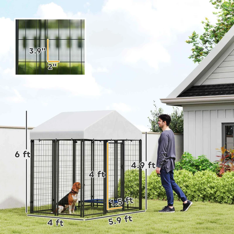 PawHut Outdoor Dog Kennel with Roof with Escape-proof Lock, UV-Resistant & Waterproof Cover, 5.9' x 4' x 6', Silver