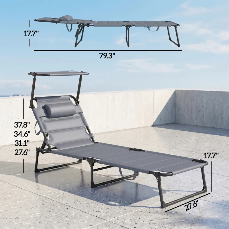 Outsunny 2 Pcs Outdoor Lounge Chair, 4 Position Adjustable Backrest, Folding, Cushioned w/ Sun Shade Roof & Pillow, Gray