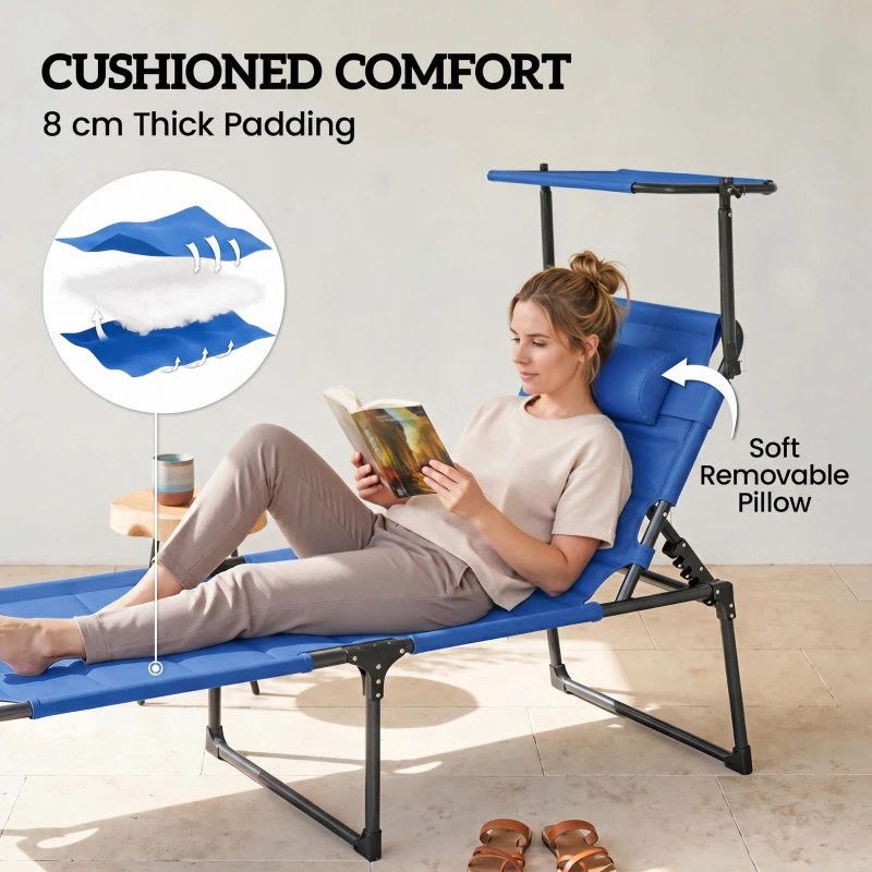 Outsunny Folding Chaise Lounge with Adjustable Sunroof, Outdoor Quick Dry Padded Tanning Chairs with Headrest, Reclining Back Outdoor Lounge Chair, for Beach, Yard, Patio, Blue