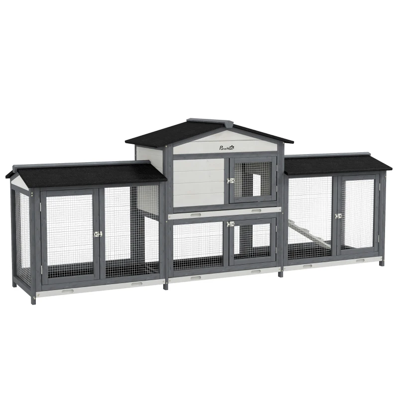 PawHut 90.5" Wooden Rabbit Hutch Bunny Cage Pet Playpen House Enclosure with Double Side Run Boxes, No Leak Tray, Ramp, for Rabbits, Chickens, Ducks, Guinea Pig and Small Animals, Light Gray