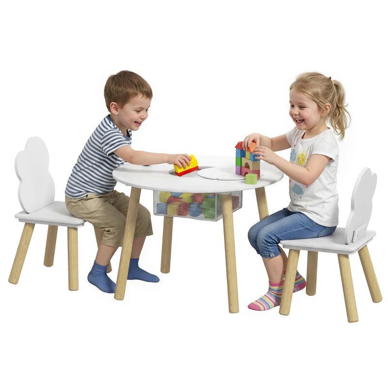 Qaba 3 Pieces Kids Table and Chair Set, Activity Table and Chair Set with Cloud-Shaped Chairs, Mesh Bag