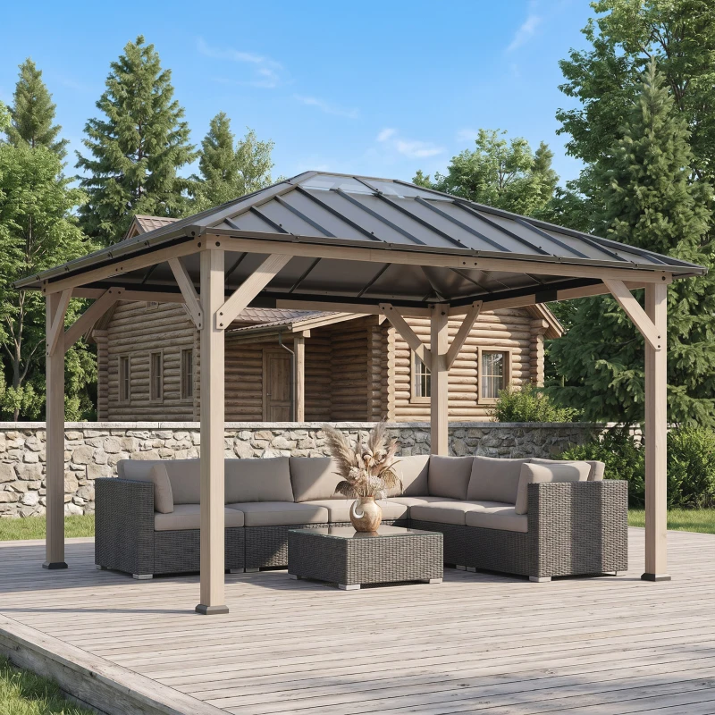 Outsunny 10' x 12' Hardtop Gazebo with Galvanized Steel Roof, UPF50+ Wood Permanent Pavilion with Clear Roof Top, Light Walnut