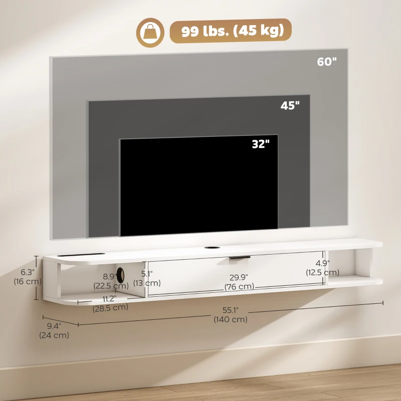 HOMCOM 55" Floating TV Stand for TVs up to 60 Inch, Wall Mounted Media Console with Flip Drawer and 2 Open Shelves, White(m-3)