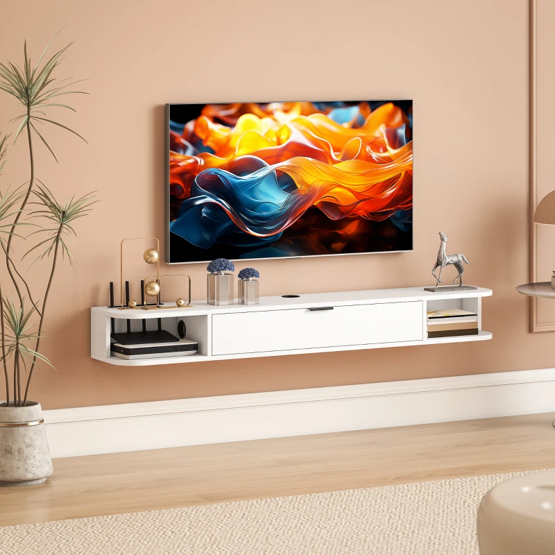 HOMCOM 55" Floating TV Stand for TVs up to 60 Inch, Wall Mounted Media Console with Flip Drawer and 2 Open Shelves, White(m-8)