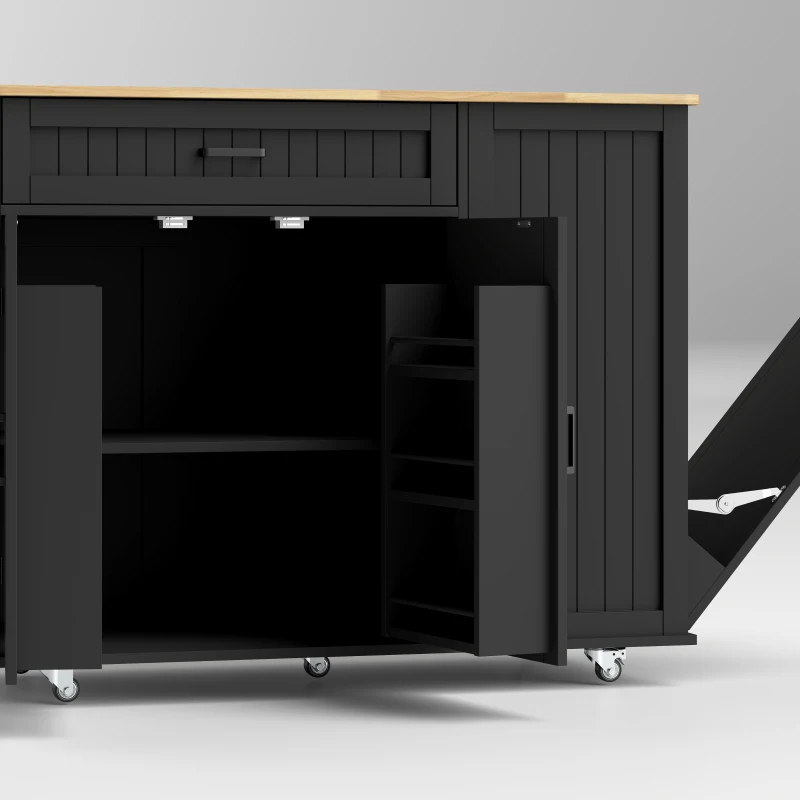 HOMCOM Kitchen Island Cart, Portable Kitchen Island Table with Charging Station, Rubber Wood Drop Leaf, Trash Storage, Black