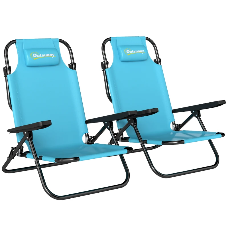 Outsunny Set of 2 Beach Chair 5-Position Adjustable Folding Camping Chair with Headrest Armrests Light Blue
