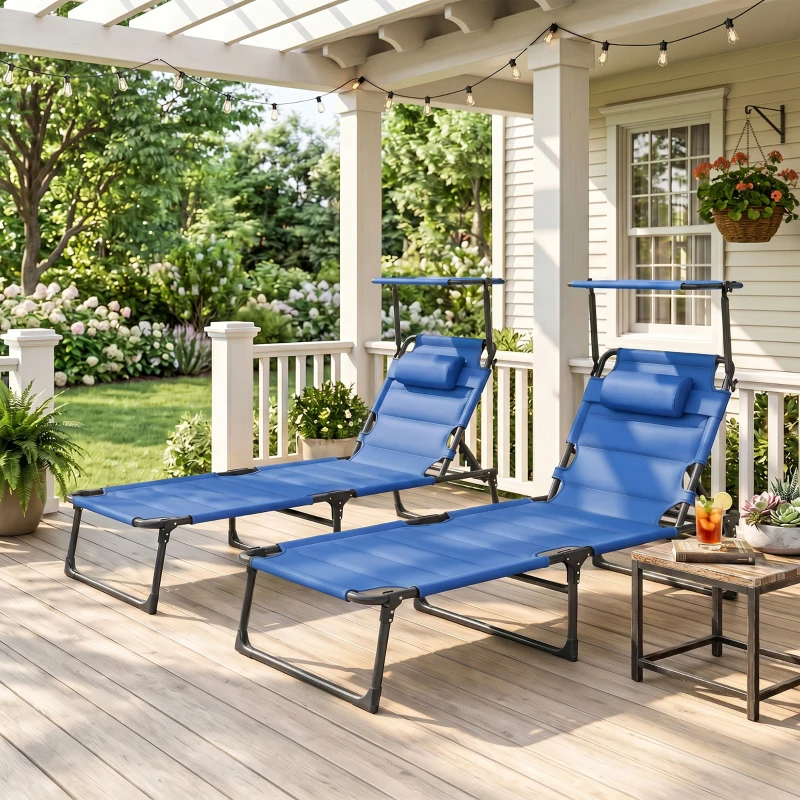 Outsunny Folding Chaise Lounge with Adjustable Sunroof, Outdoor Quick Dry Padded Tanning Chairs with Headrest, Reclining Back Outdoor Lounge Chair, for Beach, Yard, Patio, Blue