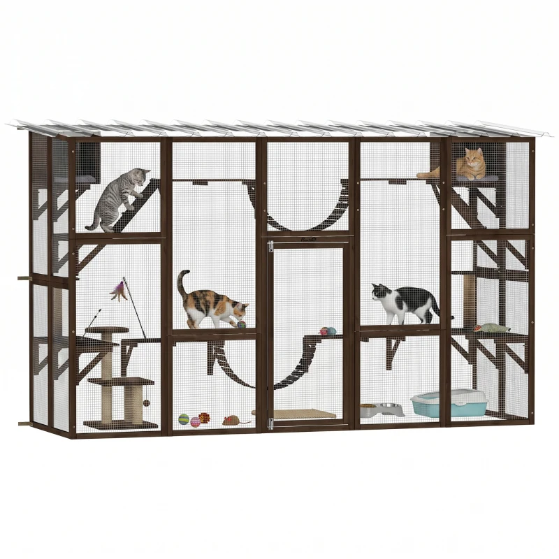 PawHut Large Outdoor Catio with Condos, Platforms, Doors, Ladders, Weather-Resistant Roof, Espresso