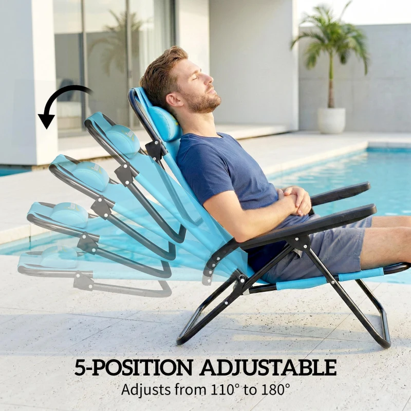 Outsunny Set of 2 Beach Chair 5-Position Adjustable Folding Camping Chair with Headrest Armrests Light Blue