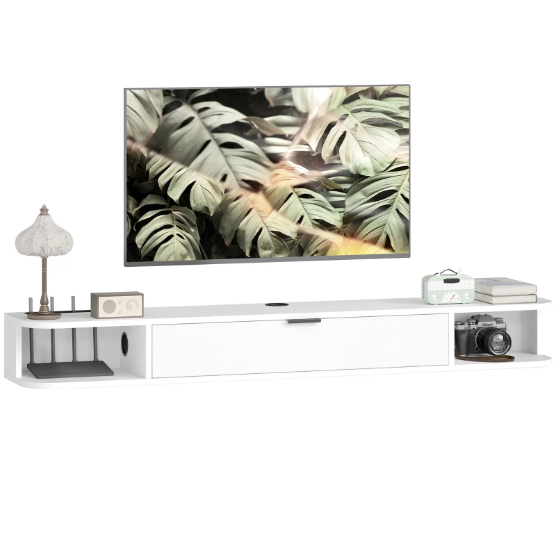 HOMCOM 55" Floating TV Stand for TVs up to 60 Inch, Wall Mounted Media Console with Flip Drawer and 2 Open Shelves, White(m-11)