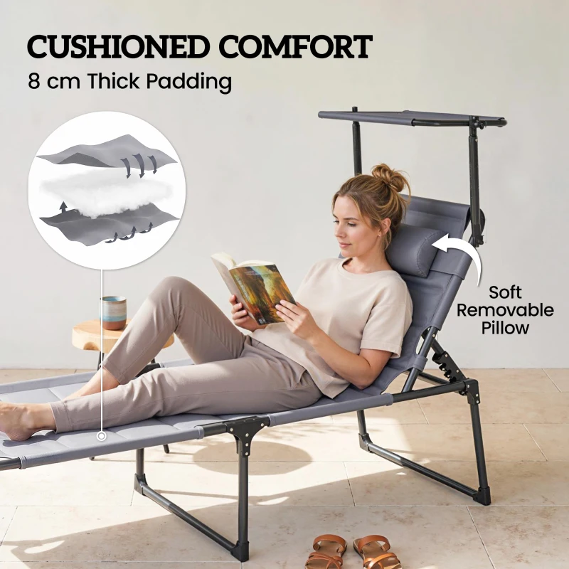 Outsunny 2 Pcs Outdoor Lounge Chair, 4 Position Adjustable Backrest, Folding, Cushioned w/ Sun Shade Roof & Pillow, Gray