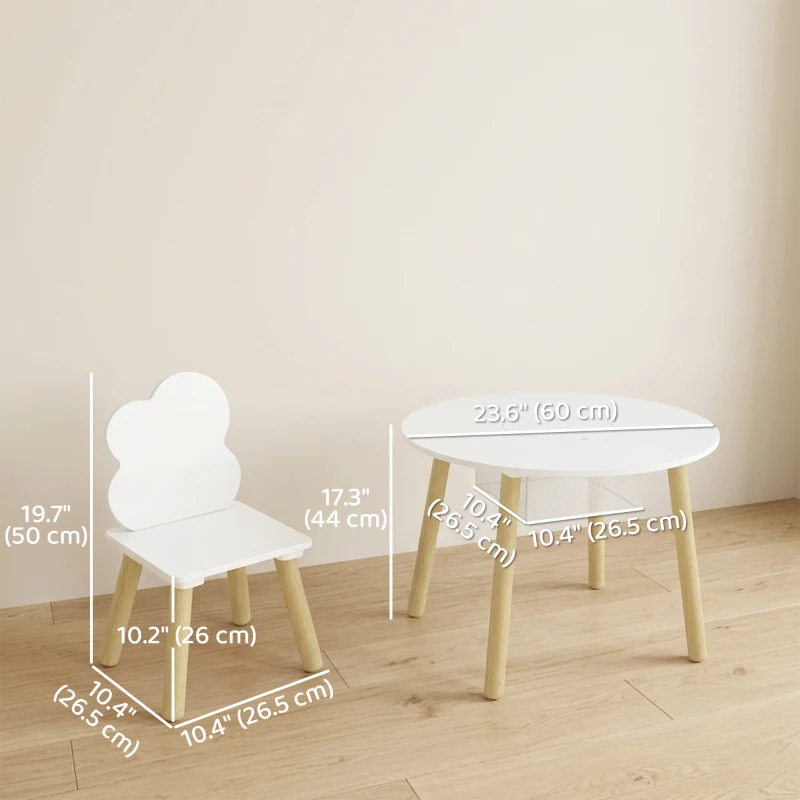 Qaba 3 Pieces Kids Table and Chair Set, Activity Table and Chair Set with Cloud-Shaped Chairs, Mesh Bag