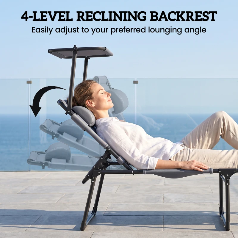 Outsunny 2 Pcs Outdoor Lounge Chair, 4 Position Adjustable Backrest, Folding, Cushioned w/ Sun Shade Roof & Pillow, Gray
