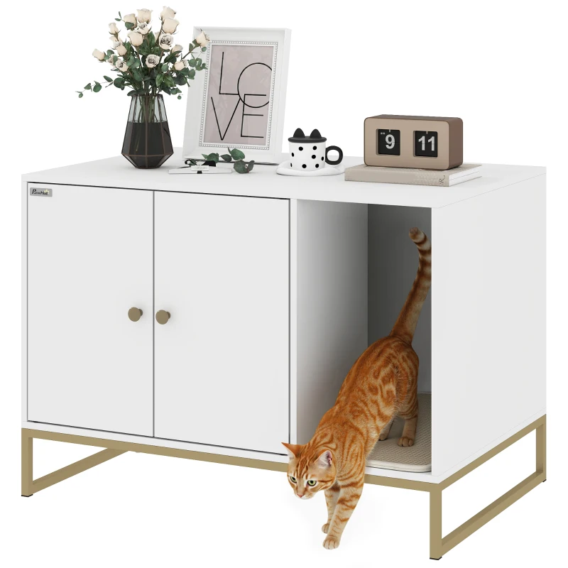PawHut Cat Litter Box Enclosure with Tall Legs, Litter Mat, Fits Mots of Litter Box, 31.5" x 20" x 22", White
