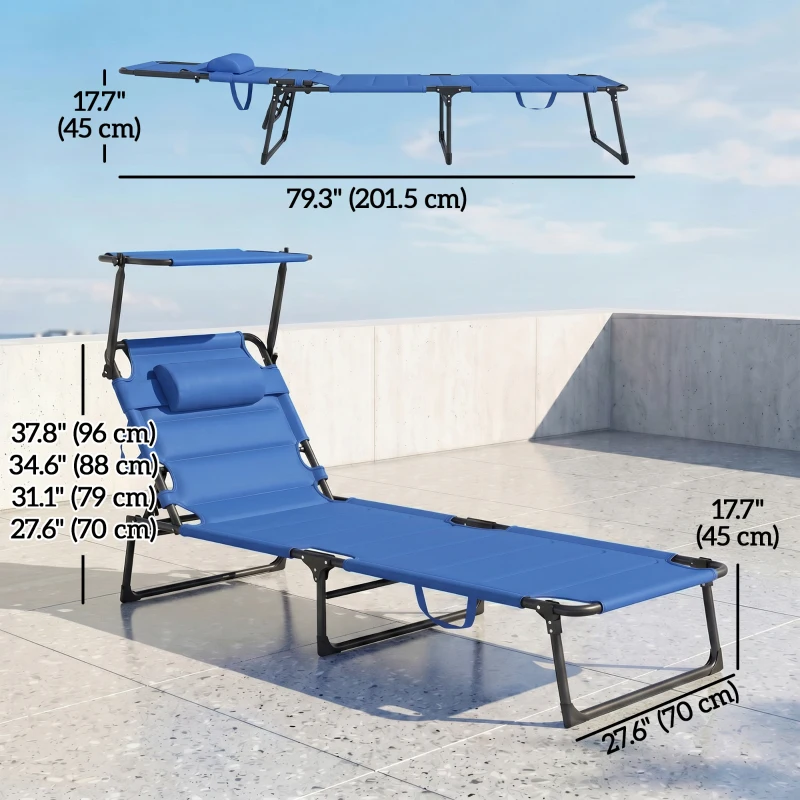 Outsunny Folding Chaise Lounge with Adjustable Sunroof, Outdoor Quick Dry Padded Tanning Chairs with Headrest, Reclining Back Outdoor Lounge Chair, for Beach, Yard, Patio, Blue
