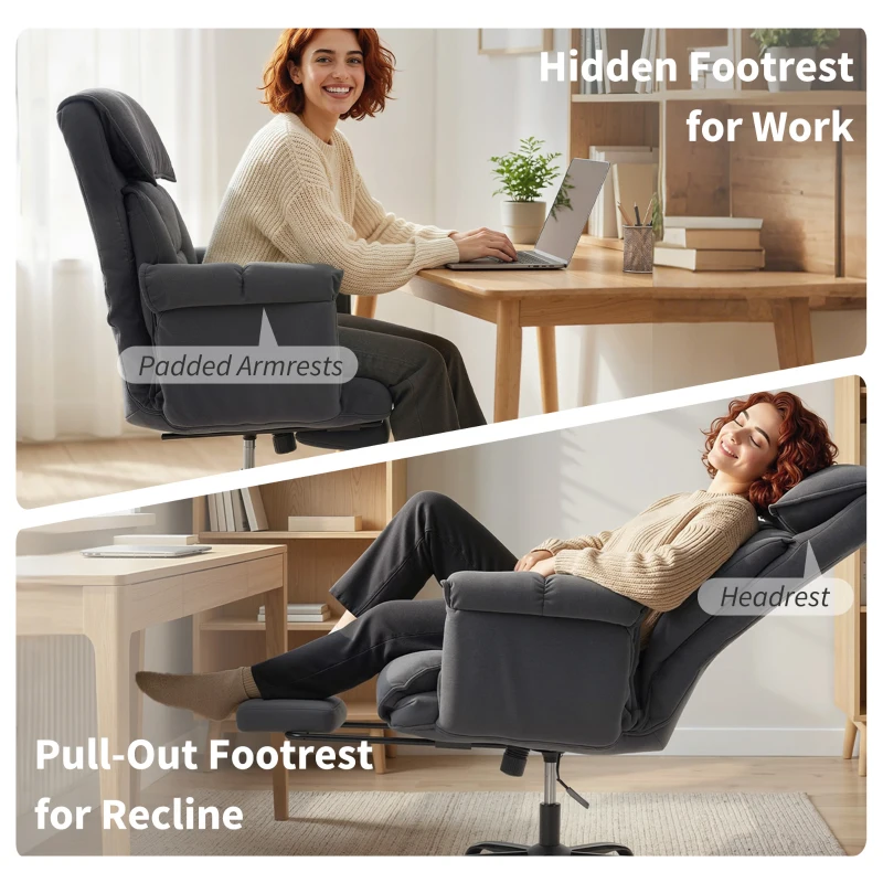 HOMCOM High Back Office Chair, Reclining Desk Chair with Footrest, High Resilience Foam, Rolling Wheels, Dark Gray