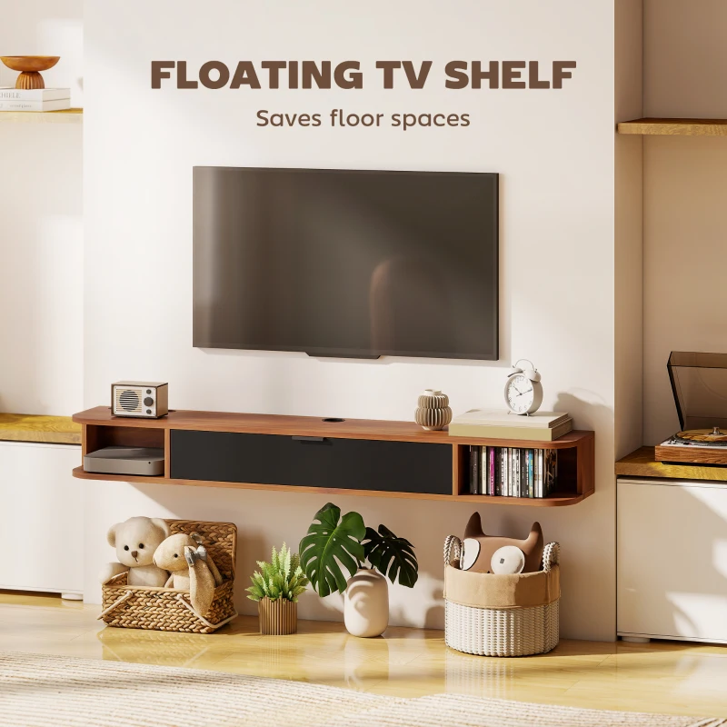 HOMCOM 55" Floating TV Stand for TVs up to 60 Inch, Wall Mounted Media Console with Flip Drawer and 2 Open Shelves, Walnut(m-4)