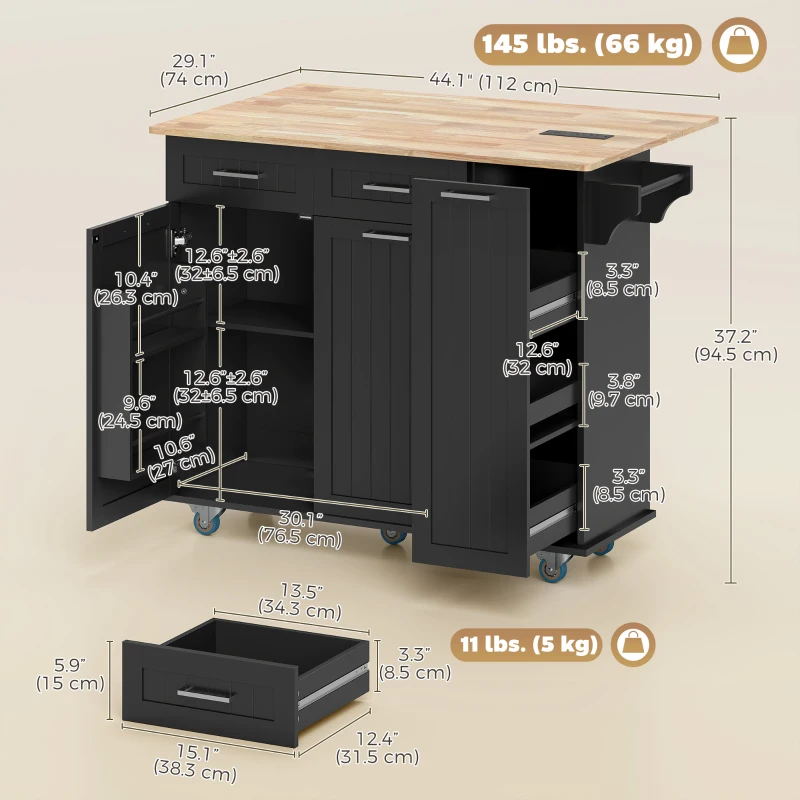 HOMCOM Kitchen Island on Wheels with Wood Drop Leaf, Charging Station, Rolling Kitchen Cart with Adjustable Shelf, Black