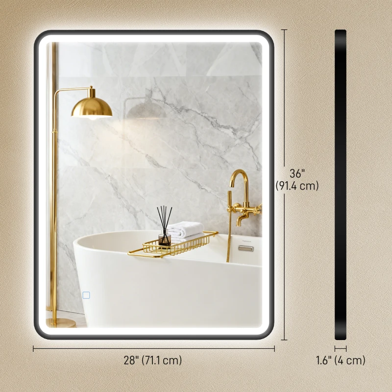 HOMCOM 36" x 28" Bath Mirror with LED Lights, Wall Mounted Restroom Mirror, 3 Colours, Dimmable, Horizontal/Vertical, Black