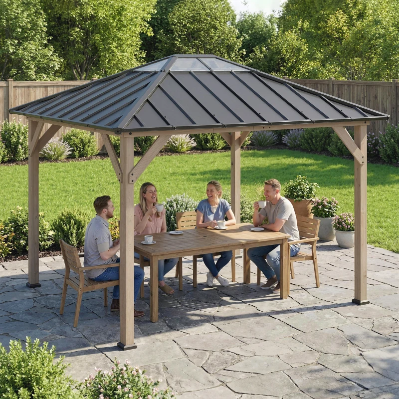 Outsunny 10' x 12' Hardtop Gazebo with Galvanized Steel Roof, UPF50+ Wood Permanent Pavilion with Clear Roof Top, Light Walnut