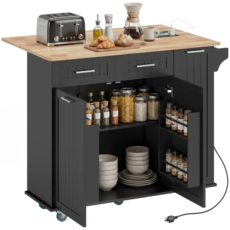 HOMCOM Kitchen Island on Wheels with Wood Drop Leaf, Charging Station, Rolling Kitchen Cart with Adjustable Shelf, Black