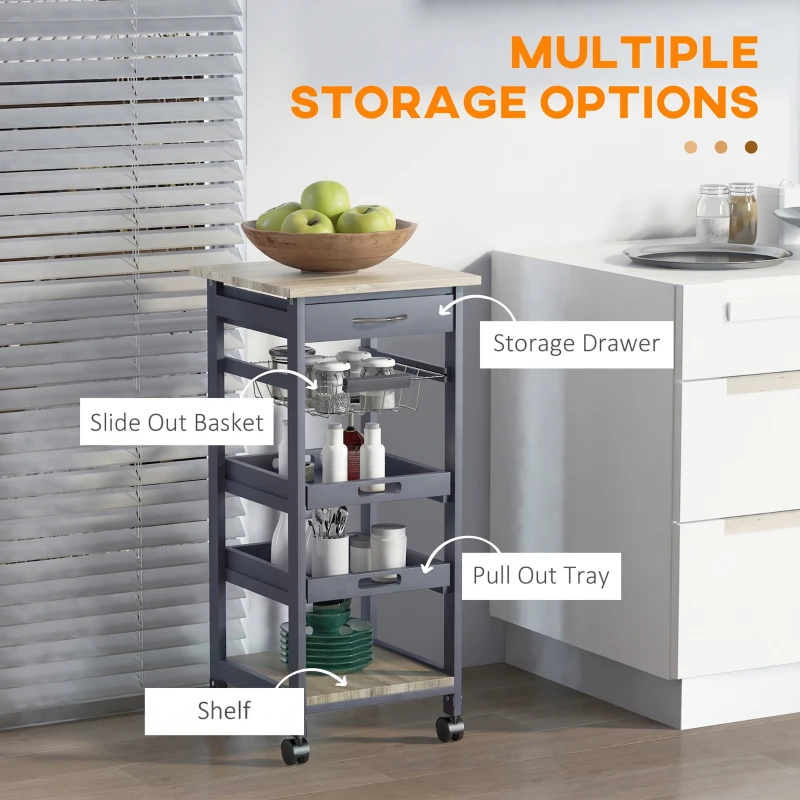 HOMCOM Rolling Kitchen Island Cart, Mobile Utility Storage Cart with Drawer, Wire Storage Basket, Removable Tray, Grey