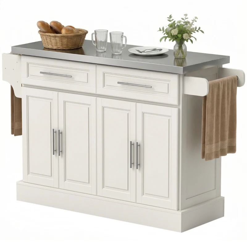 HOMCOM Rolling Kitchen Island with Storage and Stainless Steel Top, Kitchen Trolley with Drawers, Cabinets, Towel Rack, Cream