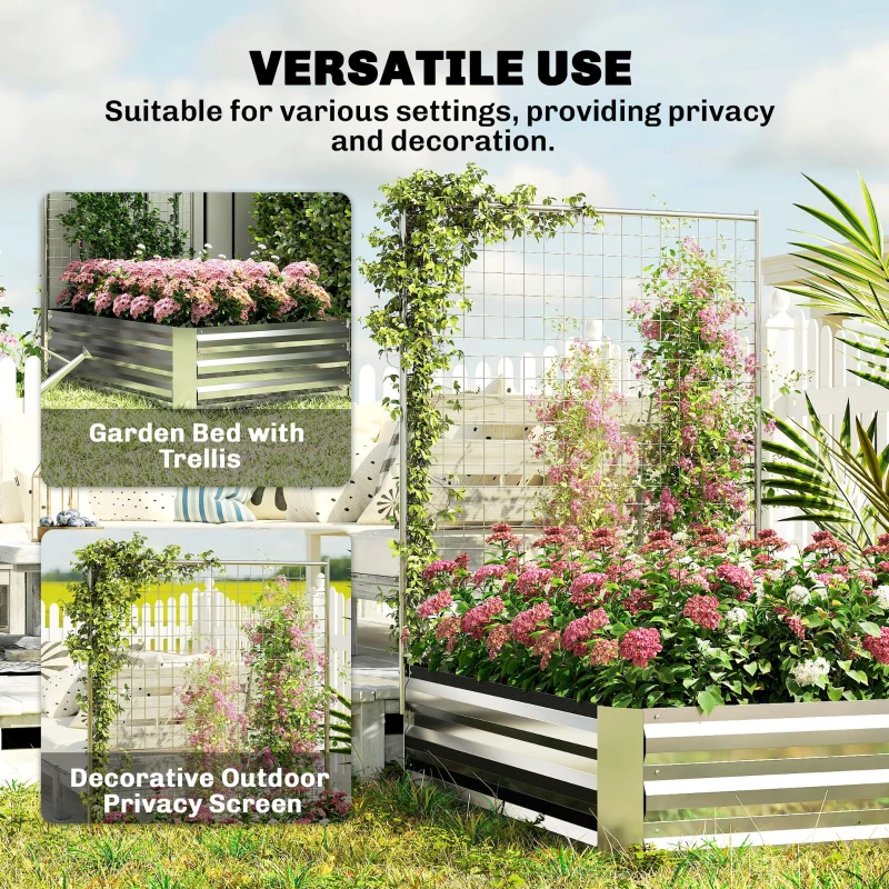 Outsunny Galvanized Raised Garden Bed with Trellis for Climbing Plants, Outdoor Planter Box with Open Bottom, Silver