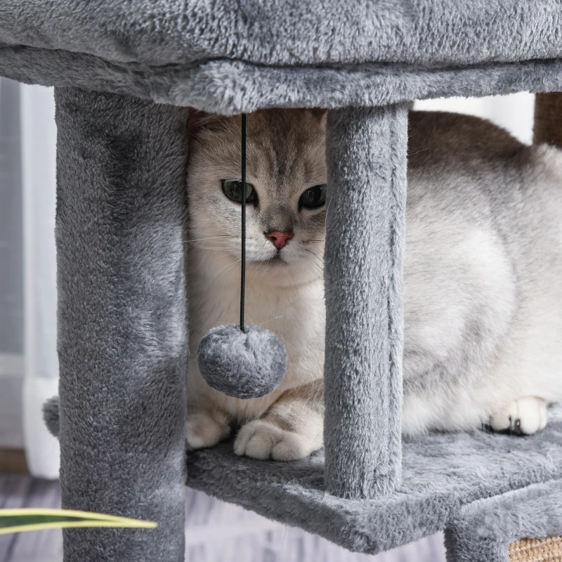 PawHut Cat Tree, Small Cat Tower with Perch, Scratching Post, Cat Condo, Toy Ball for Kitty, Indoor Use, Grey