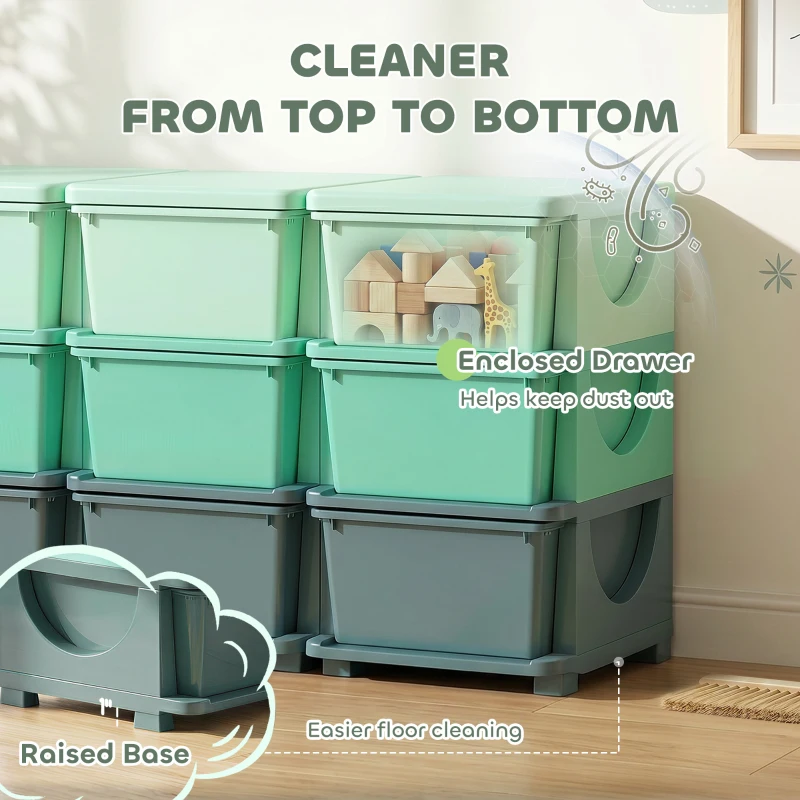 Qaba 3 Tier Kids Storage Organizer with 9 Drawers for Bedroom, Nursery, Kindergarten, Living Room, Boys and Girls, Green