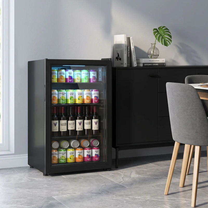 HOMCOM 3.2 Cu.Ft Beverage Fridge, 128 Can Drink Fridge with Glass Door, Auto-Defrost and LED Light for Soda, Beer, Black