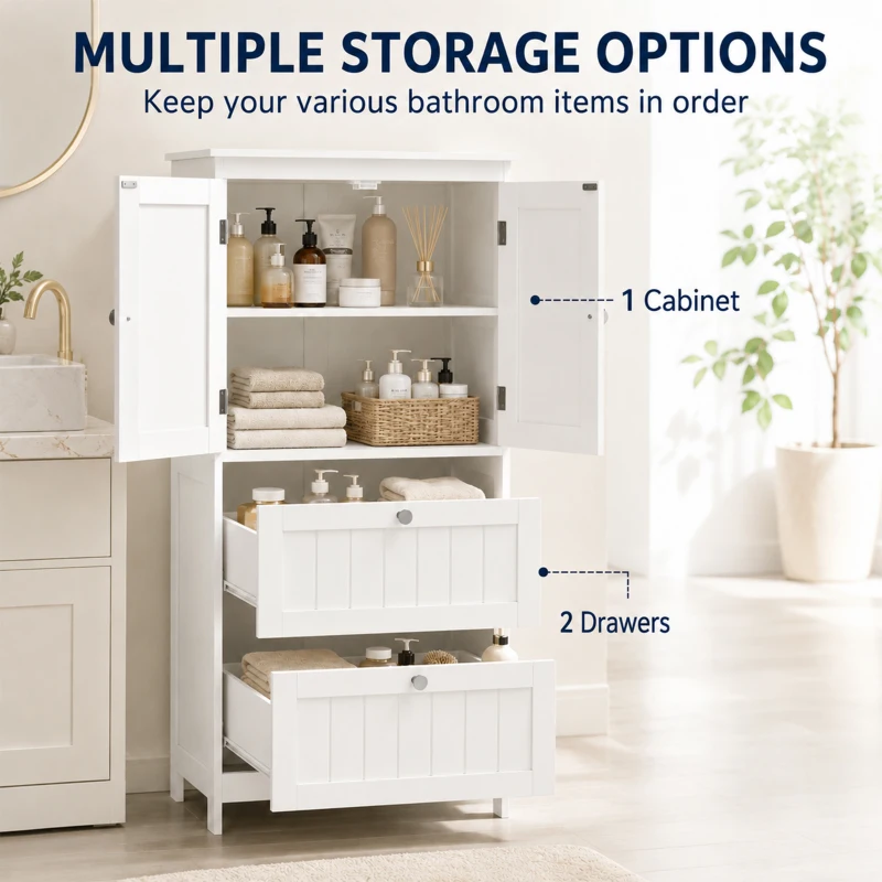 HOMCOM Bathroom Storage Cabinet, Narrow Bathroom Cabinet with  2 Drawers, Adjustable Shelf for Living Room, Entryway, White