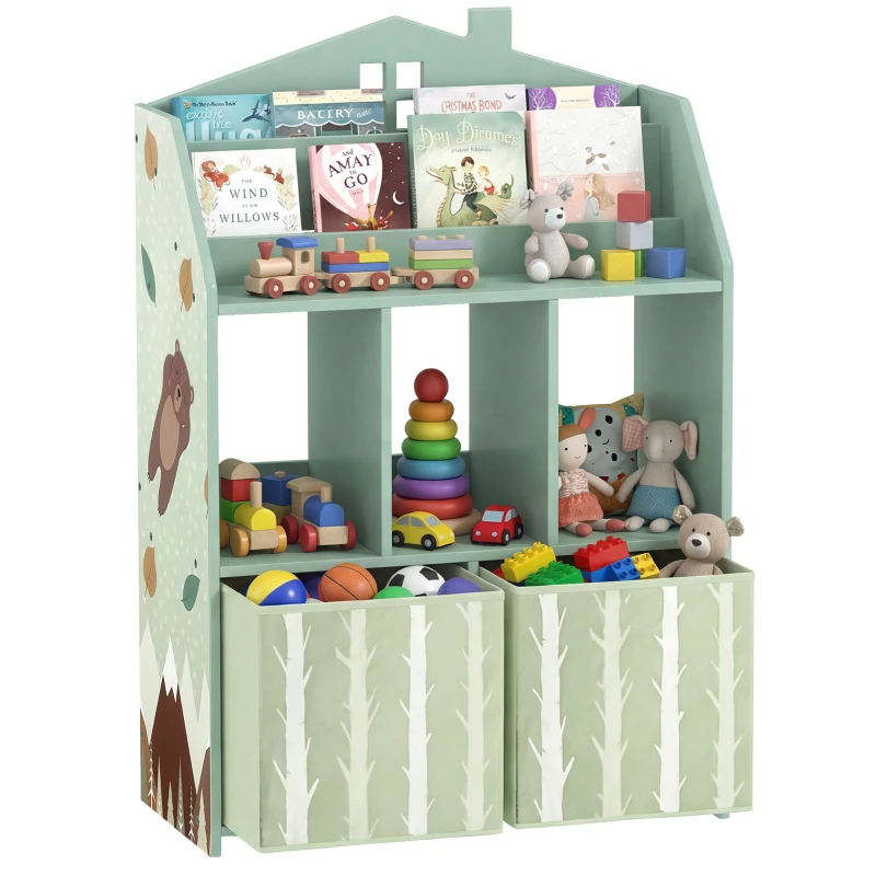 Qaba Kids Bookshelf with Storage, Toy Storage Unit with Book Display, Shelves and Fabric Drawers for Playroom Nursery, Green