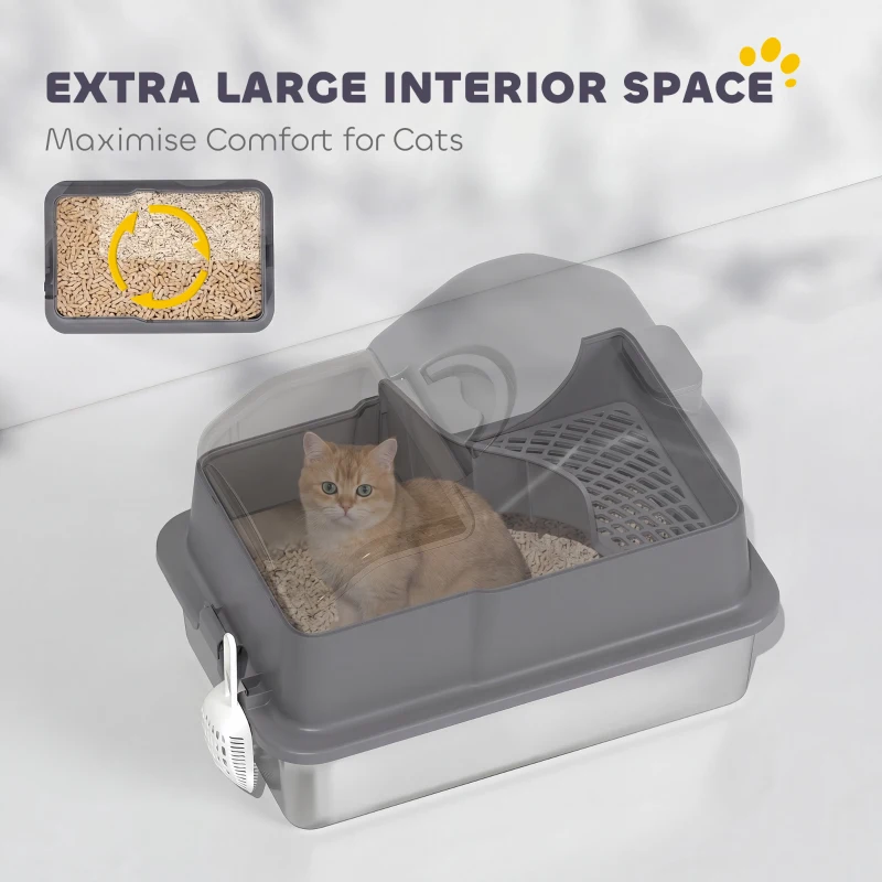 PawHut Extra Large Stainless Steel Cat Litter Box w/ High Sided, Removable Lid, Scoop, Odor Free, Non-Sticky, Dark Grey