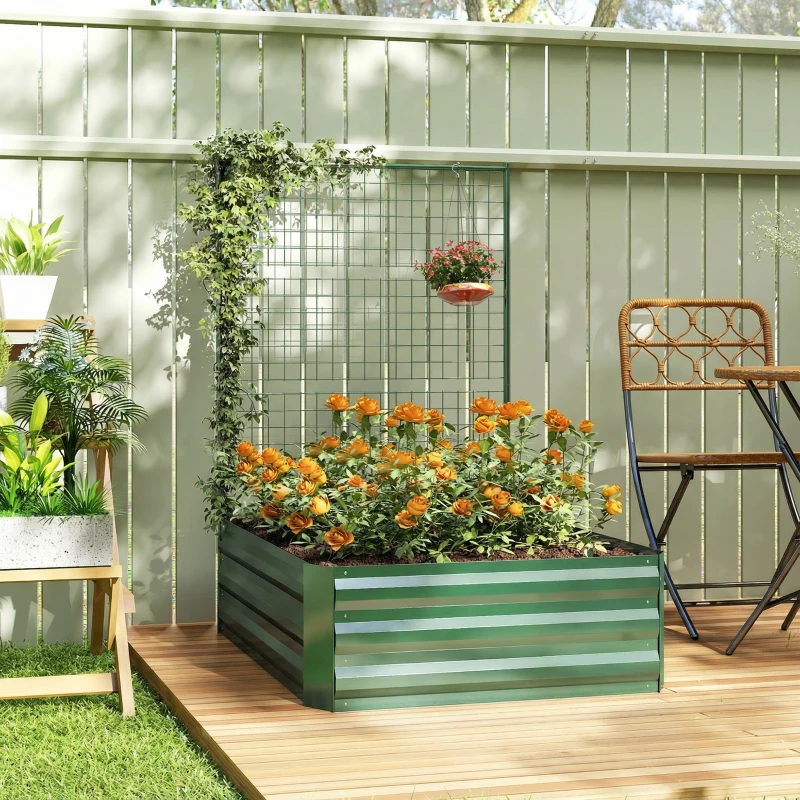 Outsunny Galvanized Raised Garden Bed with Trellis for Climbing Plants, Outdoor Planter Box with Open Bottom, Green