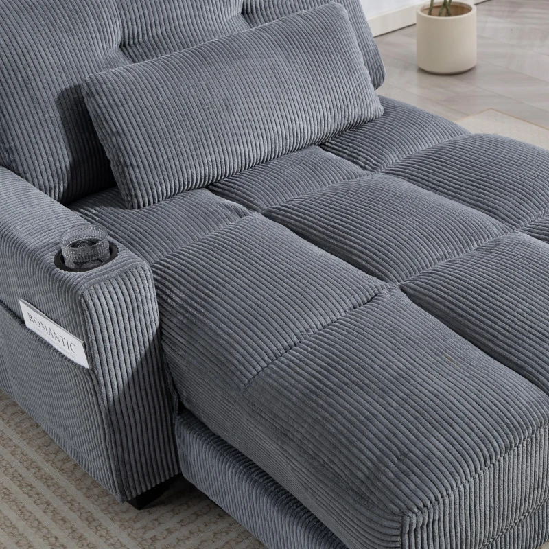 HOMCOM 58" Chaise Lounge Indoor, Oversized Corduroy Sofa Bed with 2 Cup Holders, Pillow, Deep Seat Sleeper Couch, Dark Grey