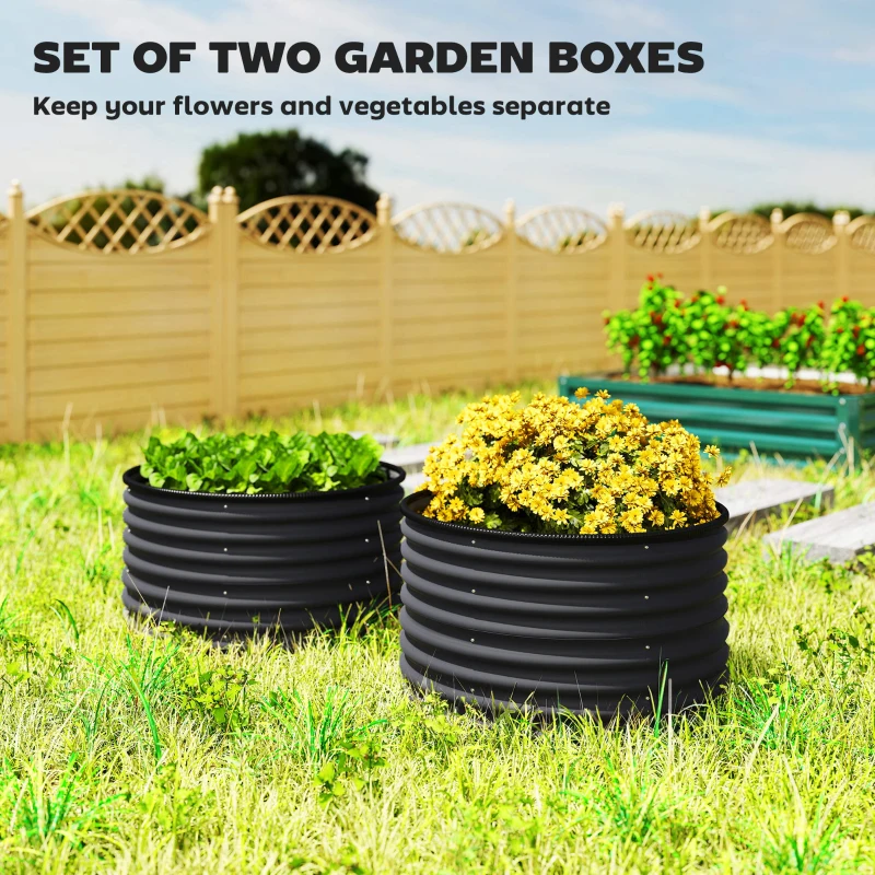 Outsunny Set of 2 Raised Garden Bed, Metal Planter Box with Safety Edging, Easy-to-assemble Stock Tank, Dark Grey