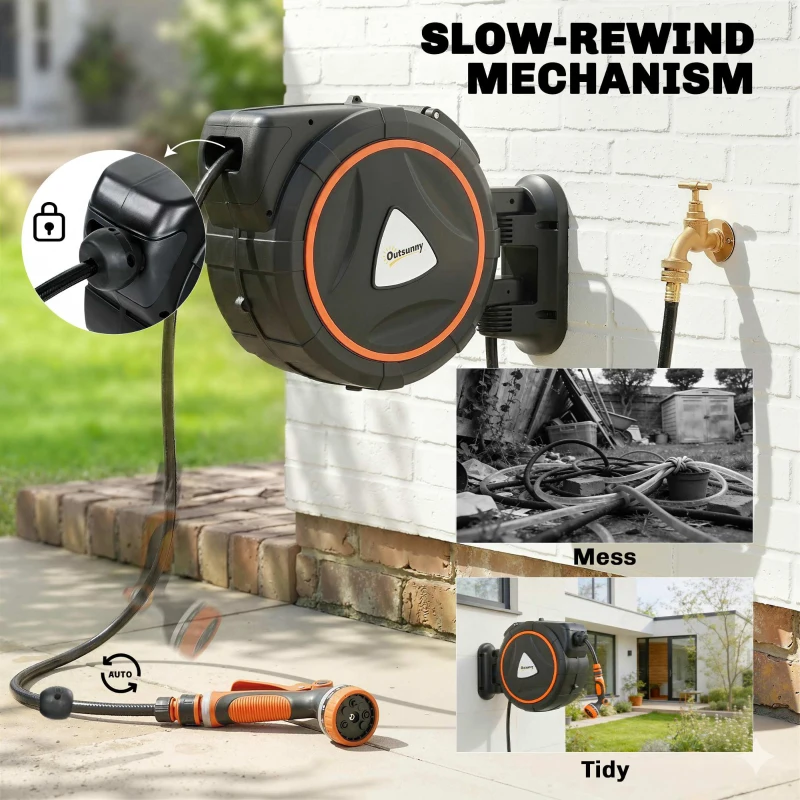 Outsunny Retractable Garden Hose Reel, 1/2"x75.5ft Wall Mounted Hose Reel with 12-Pattern Nozzles, Auto Retraction, Self-Locking