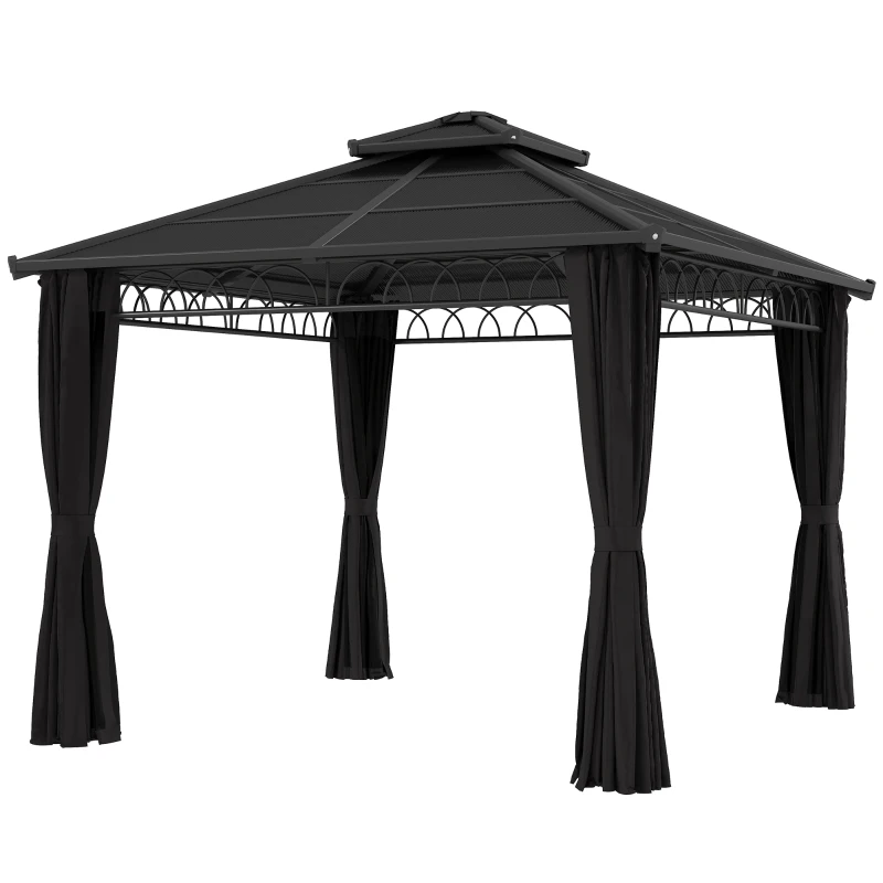 Outsunny 10' x 10' Outdoor Hardtop Gazebo Canopy w/ Double PC Roof, Steel Frame, Nettings, Curtains for Garden Lawn Deck, Black