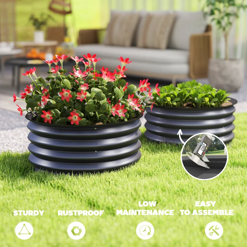 Outsunny Set of 2 Raised Garden Bed, Metal Planter Box with Safety Edging, Easy-to-assemble Stock Tank, Dark Grey