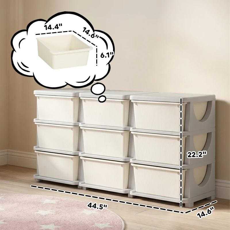 Qaba 29.5" 3 Tier Kids Storage Unit Dresser Tower w/ 9 Drawers, Cream White